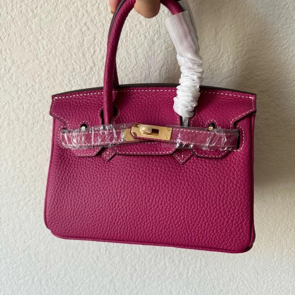 Fuchsia Pink Mini 20 Leather Top Handle Bag Structured Satchel w/ Gold HW B13 - Picture 3 of 10